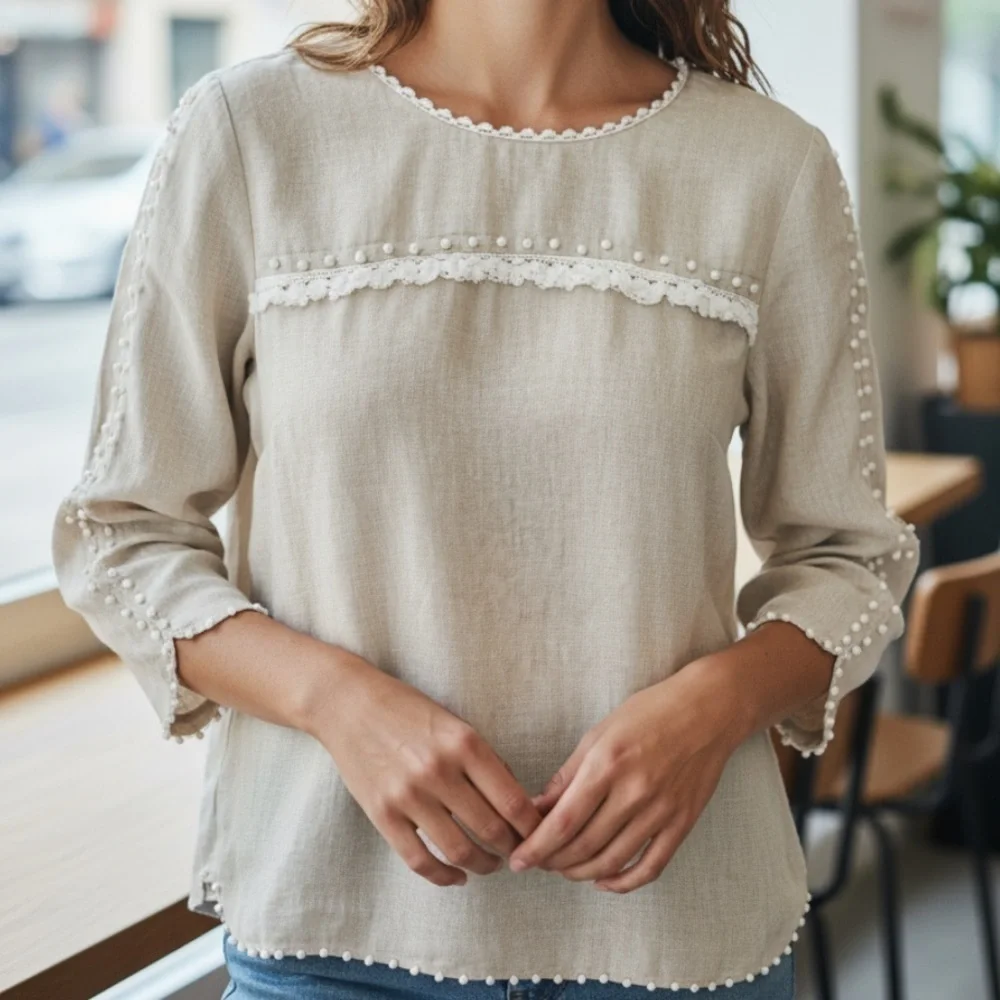 J. Crew embroidered linen long sleeve popover top 0P